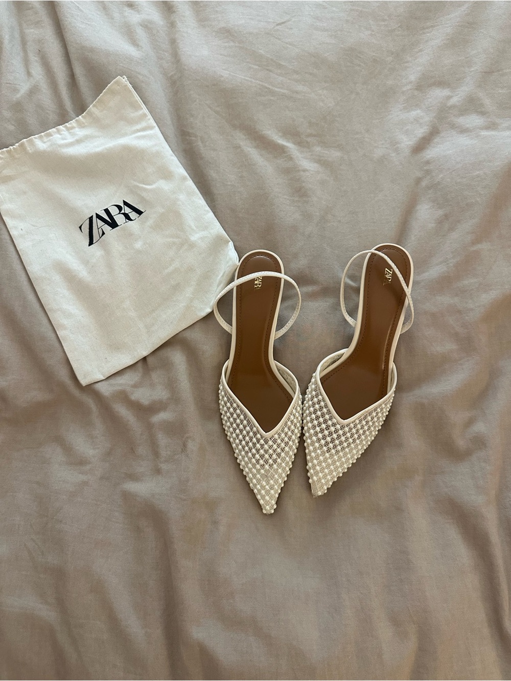 Zara Cream Pearl-Embellished Pointed Slingback Heels